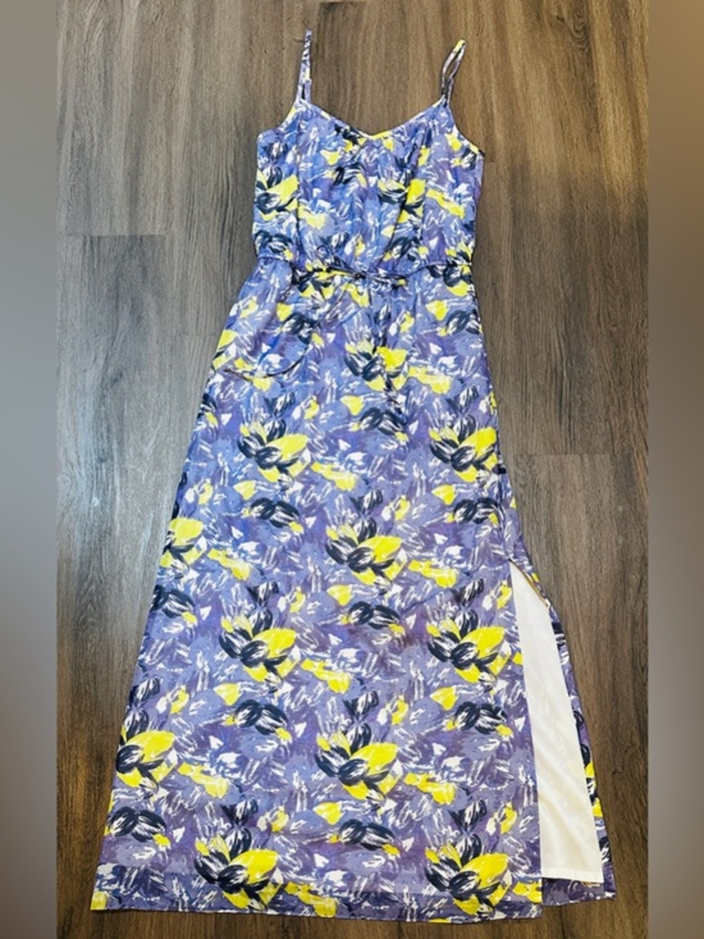 LOFT Purple Floral Midi Dress Small | Tie Waist, Side Slit, Adjustable Straps